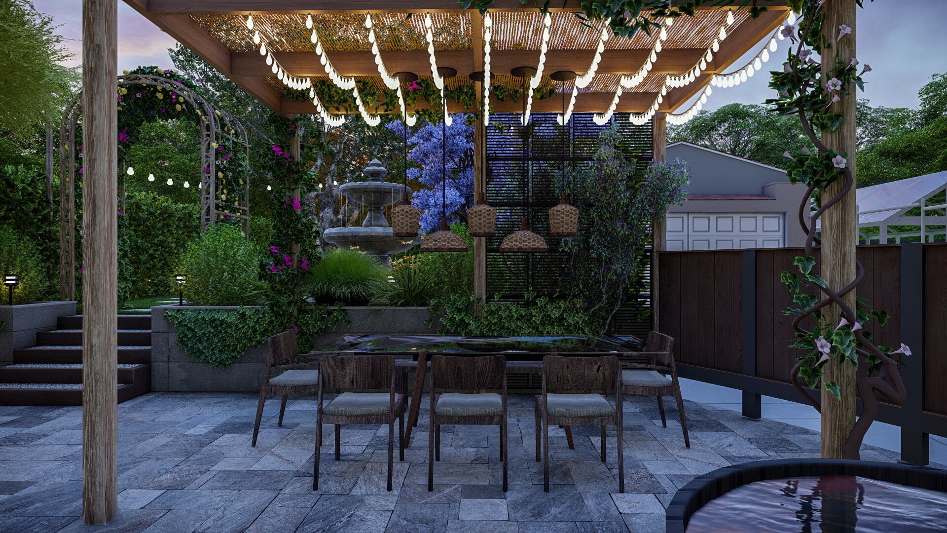 A welcoming outdoor dining area with a barbecue setup and a large table, designed for Mediterranean-style gatherings.